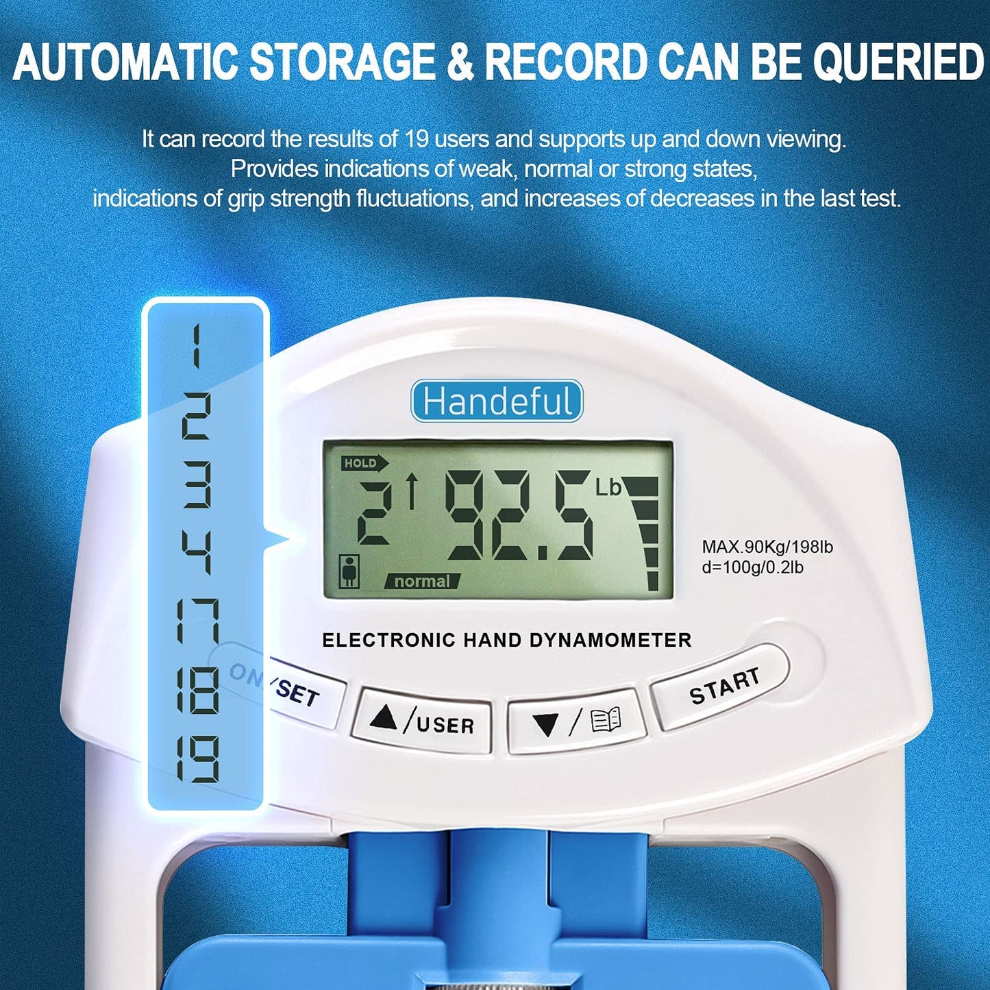 Grip Strength Tester, Hand Grip Dynamometer (198Lbs / 90Kgs), Electronic Handgrip Testing for Sports Home School Use
